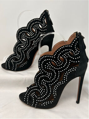 Alaïa Black Suede Laser Cut Studded Open Toe Bootie Heels 37